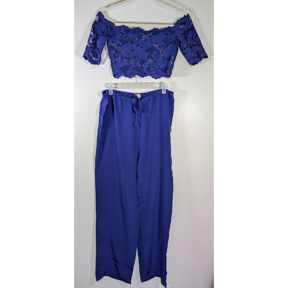 Victoria's Secret Blue Lace Off Shoulder Crop Top and Silk Pants Set Small